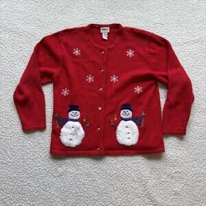 Ugly Grandma Christmas Sweater Size Medium Crystal Kobe Cardigan Fuzzy Snowmen